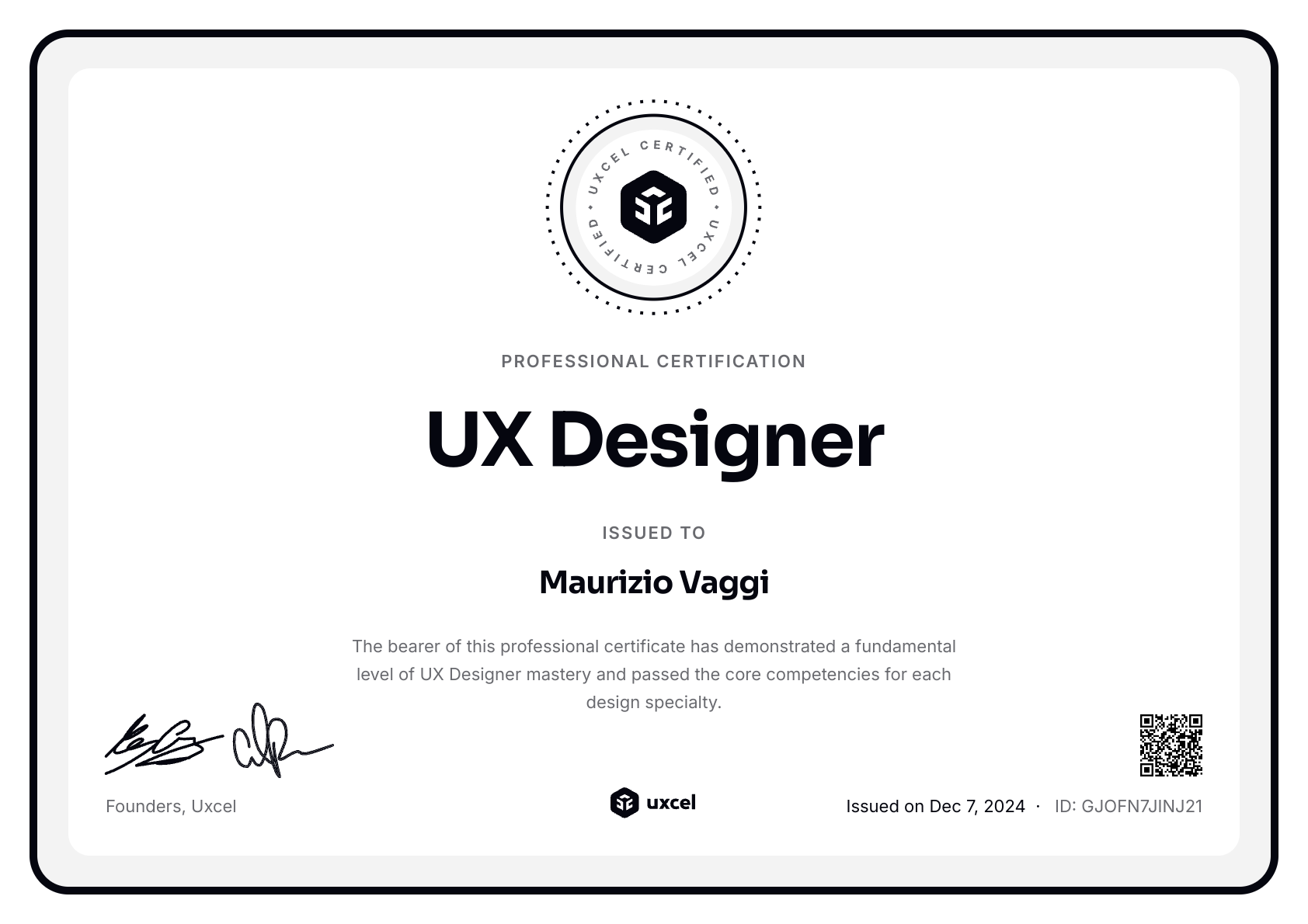 Maurizio Vaggi's certificate